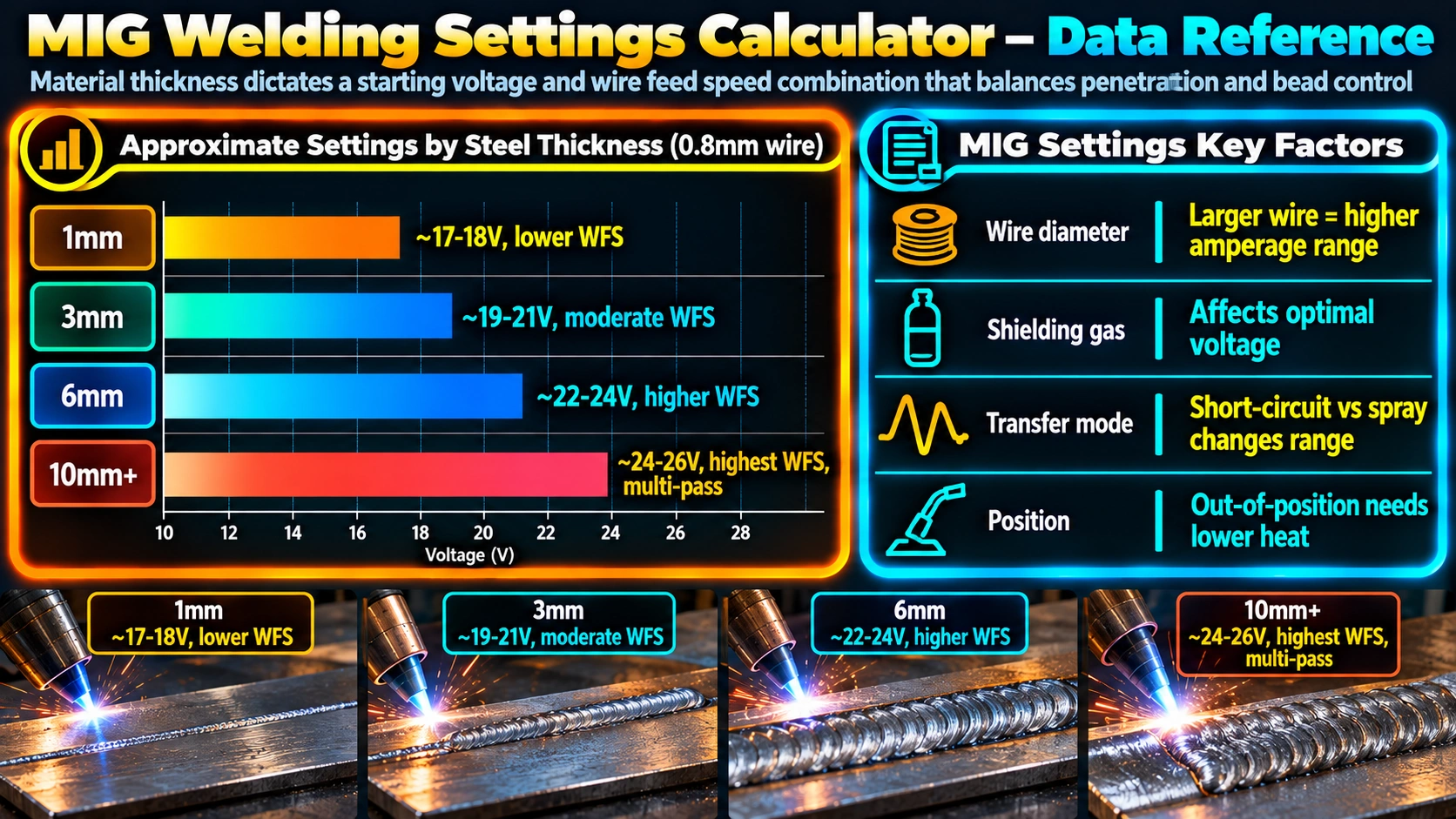 Approximate MIG settings by steel thickness and key factors