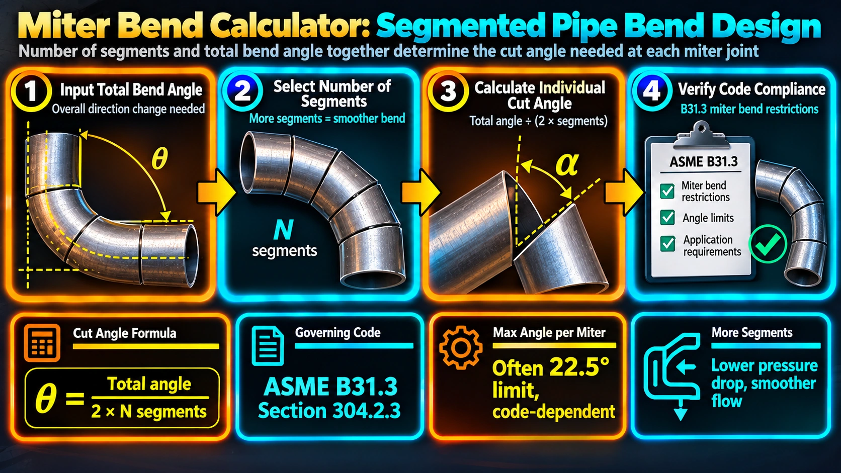 Miter bend calculator process for segmented pipe bend design
