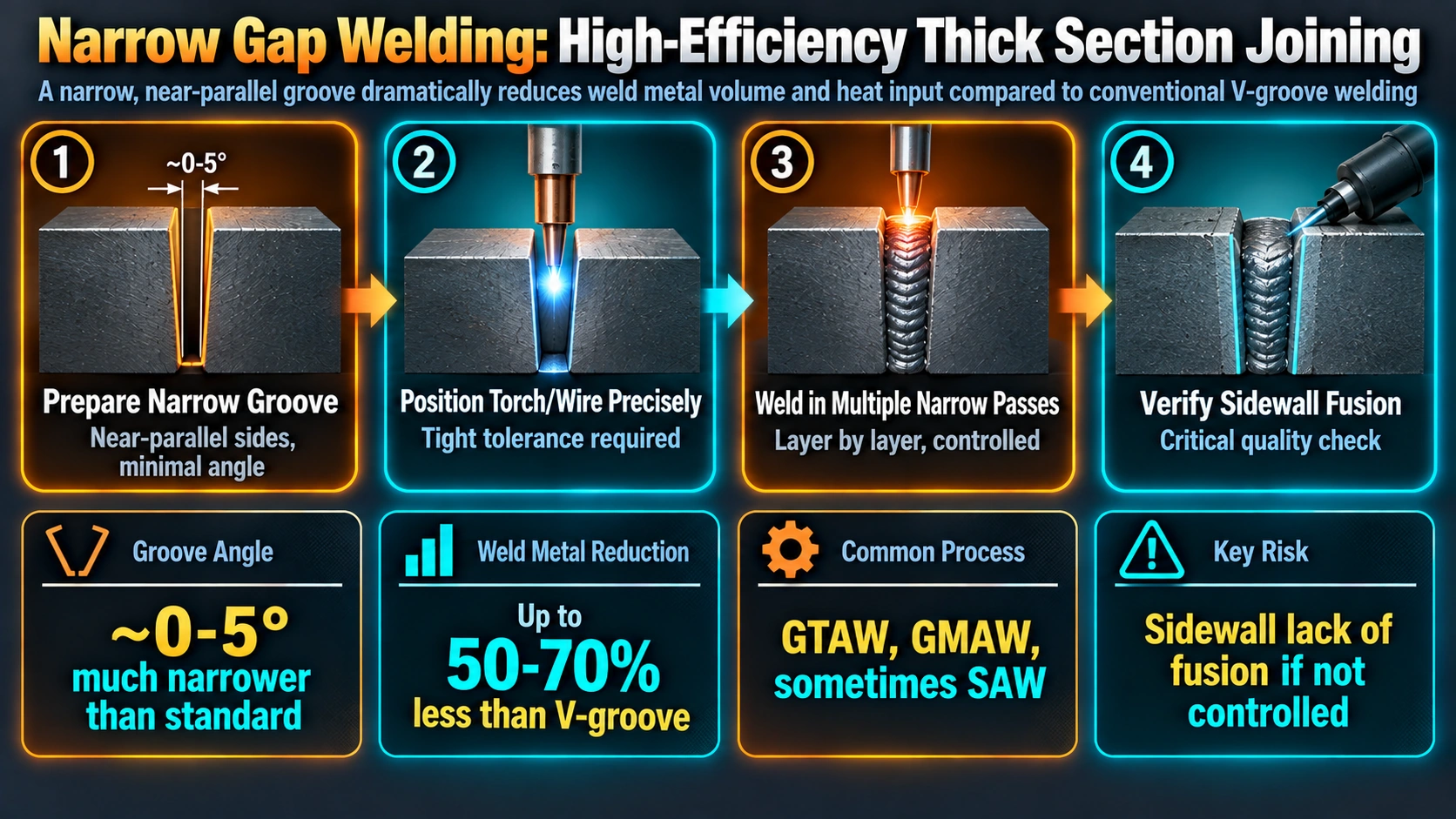 Narrow gap welding process for thick section joining