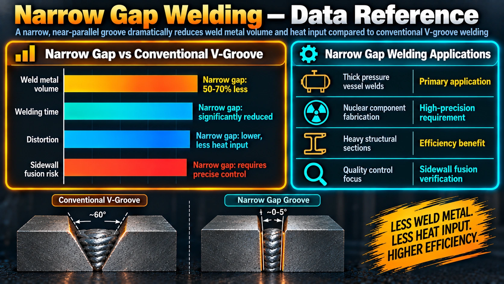 Narrow gap versus conventional V-groove welding and applications