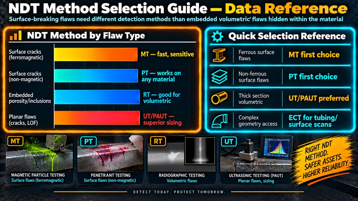 NDT method by flaw type and quick selection reference