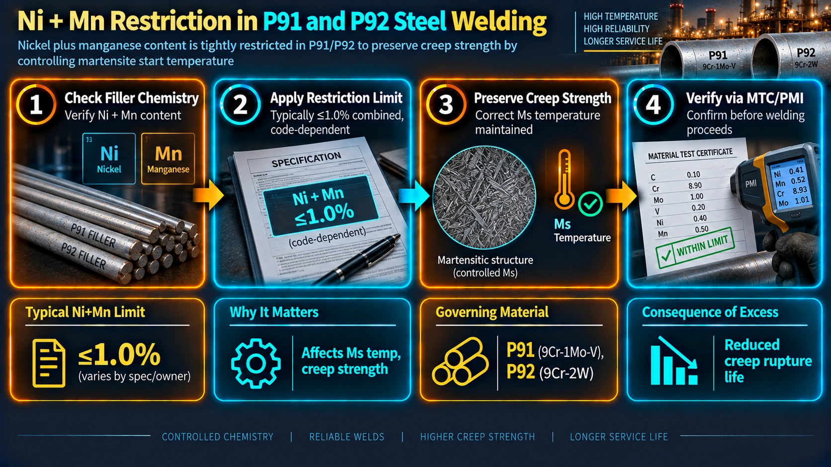 Nickel plus manganese restriction process in P91 and P92 steel welding