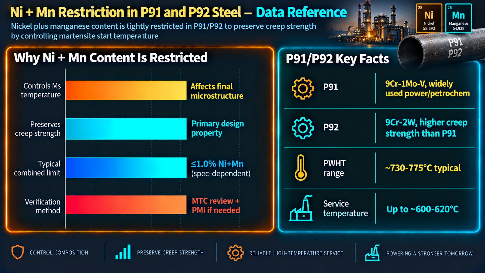 Ni plus Mn restriction rationale and P91 versus P92 steel key facts