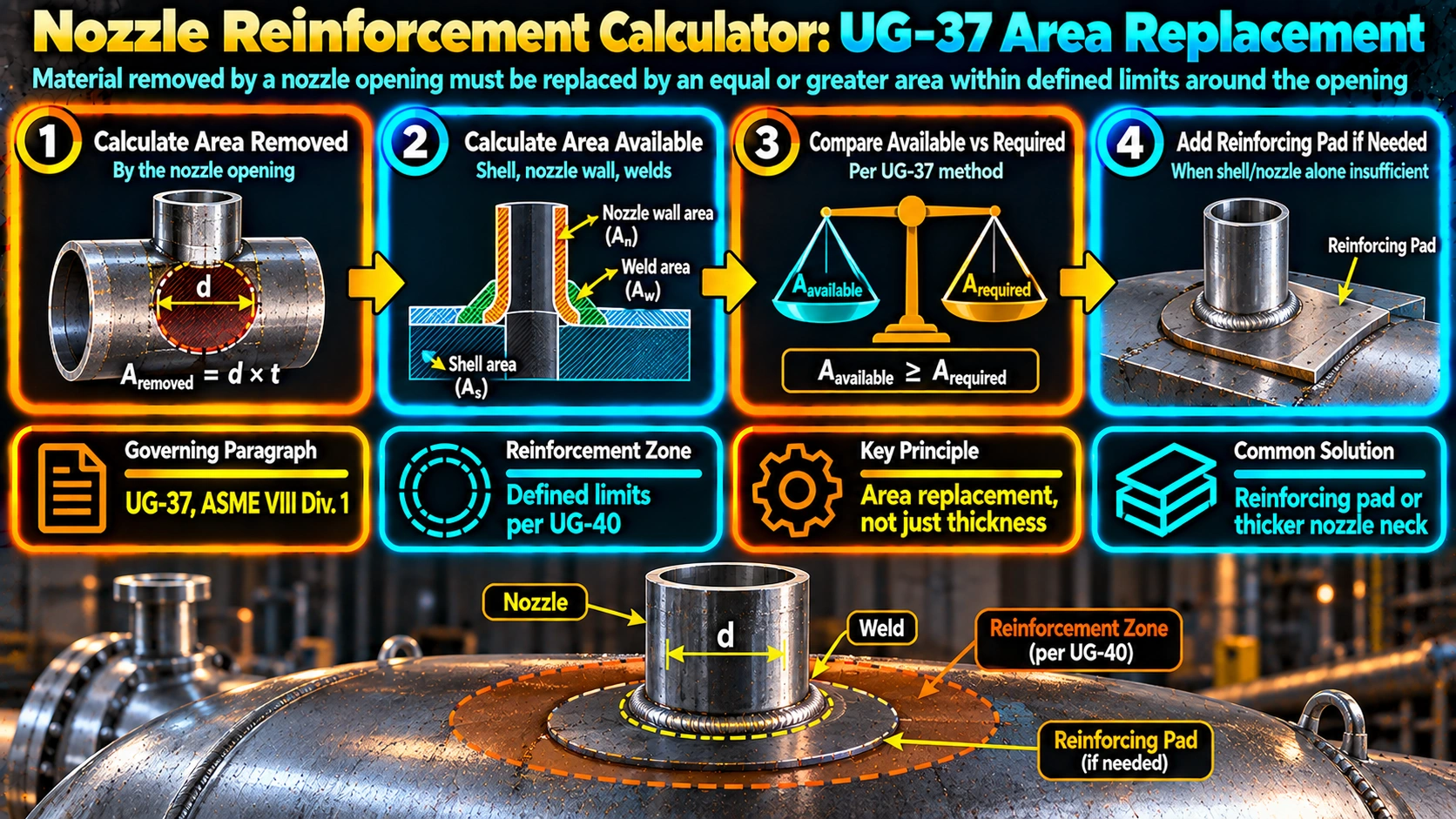 Nozzle reinforcement area replacement calculation process per UG-37