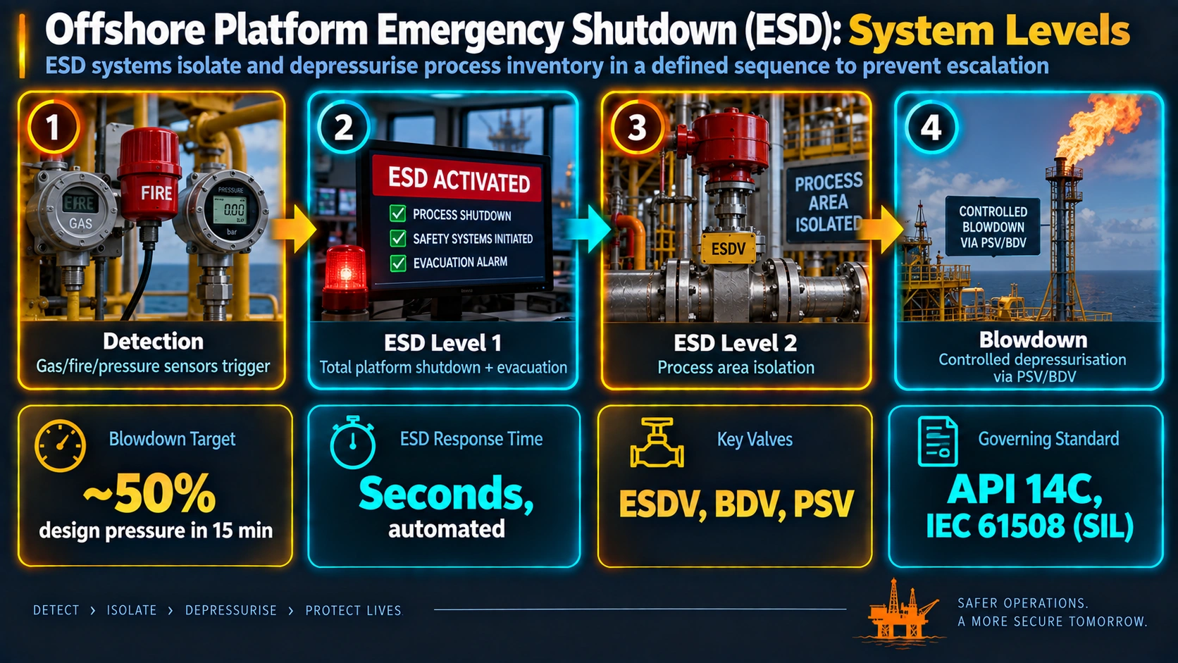Offshore platform emergency shutdown sequence from detection through blowdown