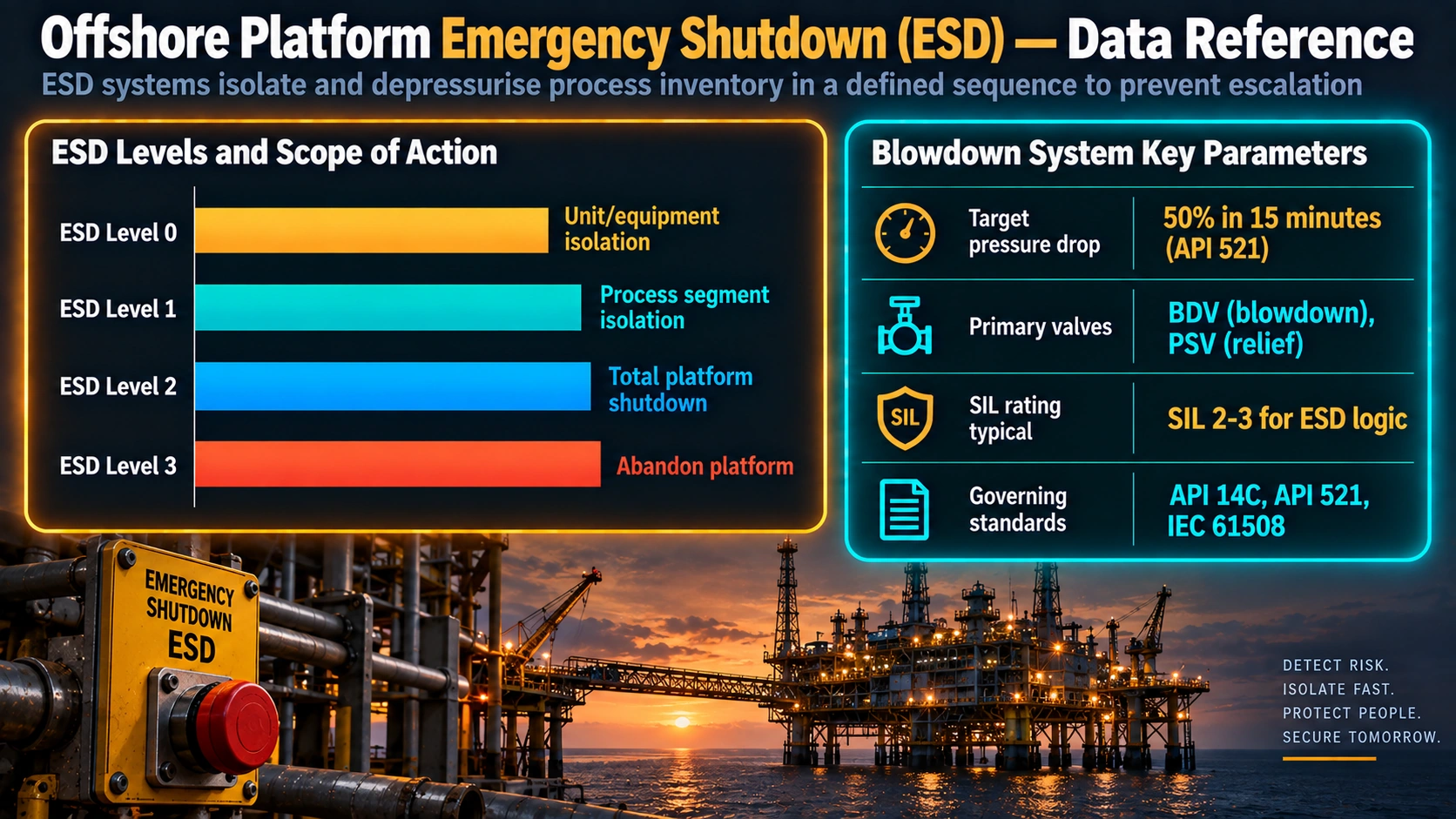 Offshore emergency shutdown levels 0 through 3 and blowdown system parameters