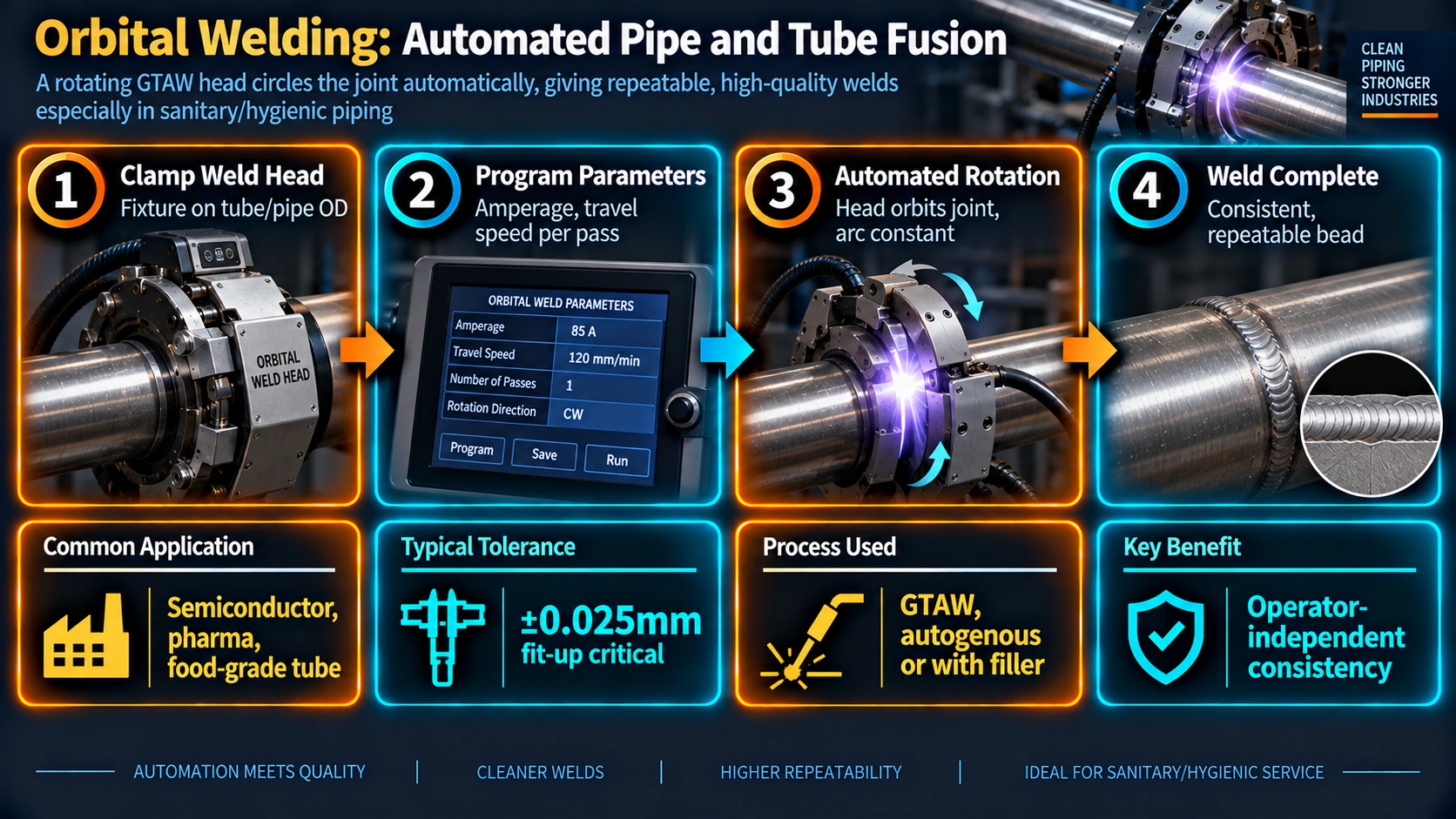 Orbital welding automated process for pipe and tube fusion