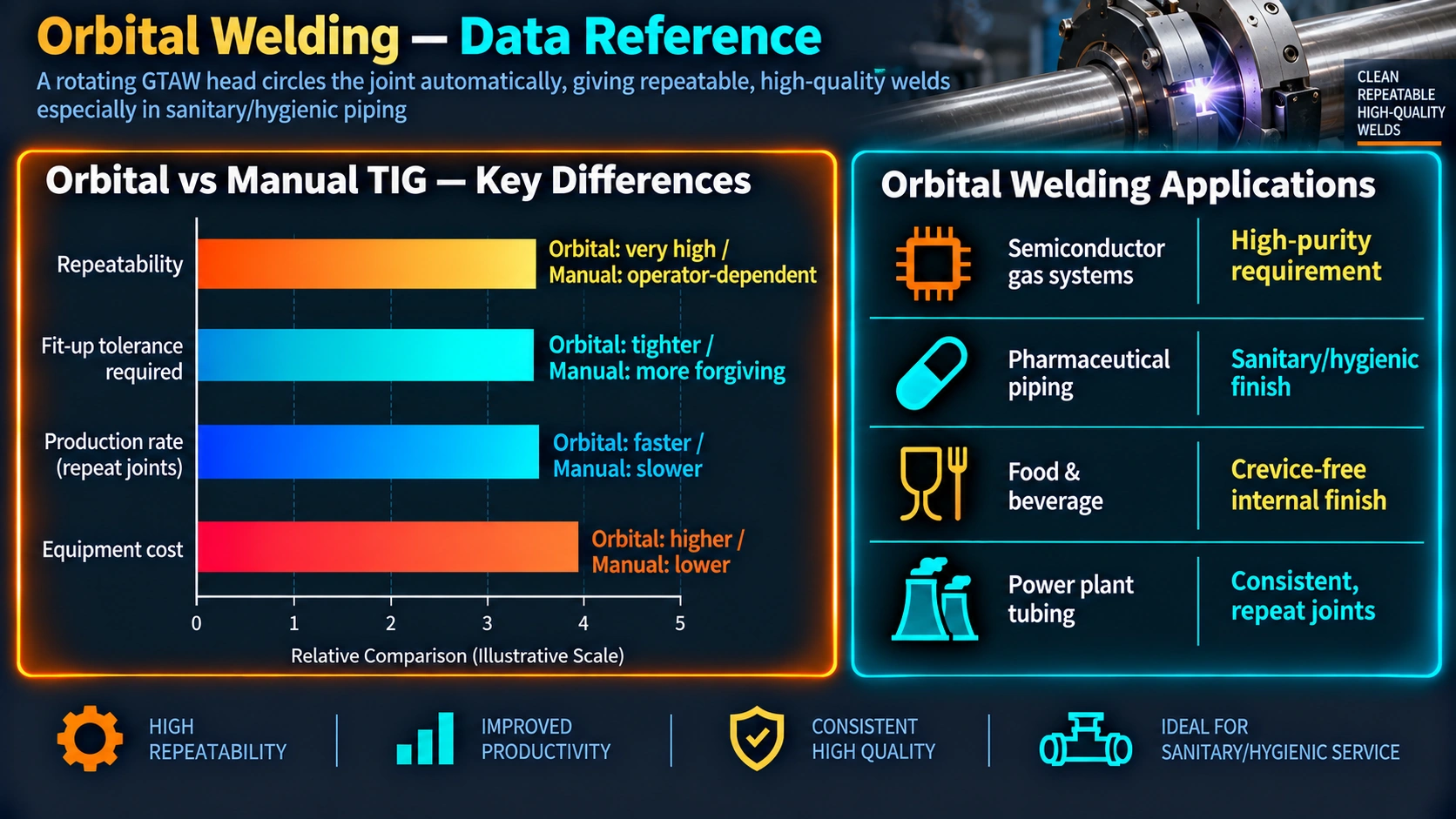 Orbital welding compared to manual TIG welding and typical applications