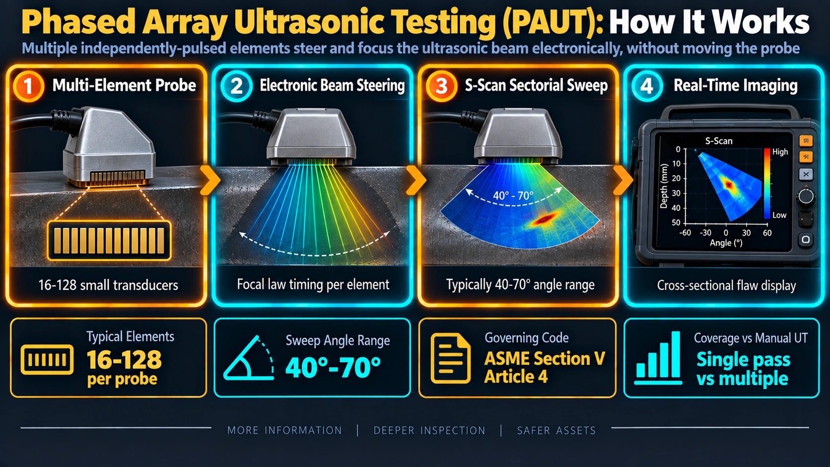 Phased array ultrasonic testing process: multi-element probe, electronic beam steering, S-scan display