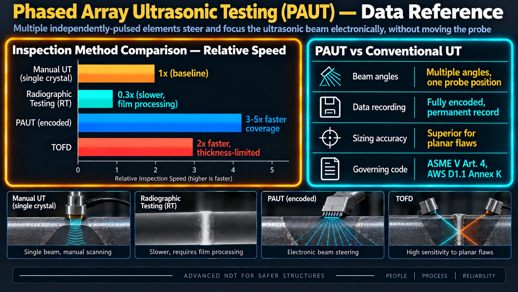 Phased array ultrasonic testing compared to manual UT, radiographic testing, and TOFD