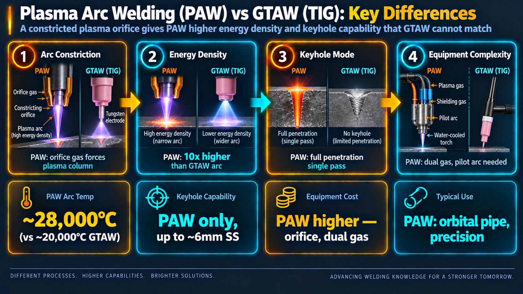 Plasma arc welding versus GTAW process comparison: arc constriction, energy density, keyhole mode