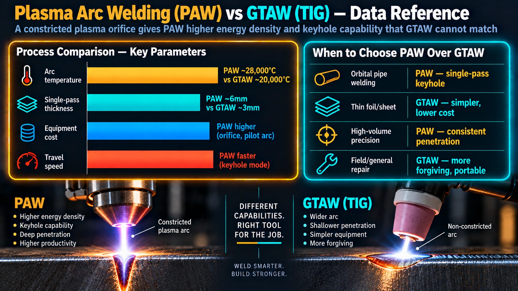 Plasma arc welding versus TIG welding parameter comparison and application selection guide