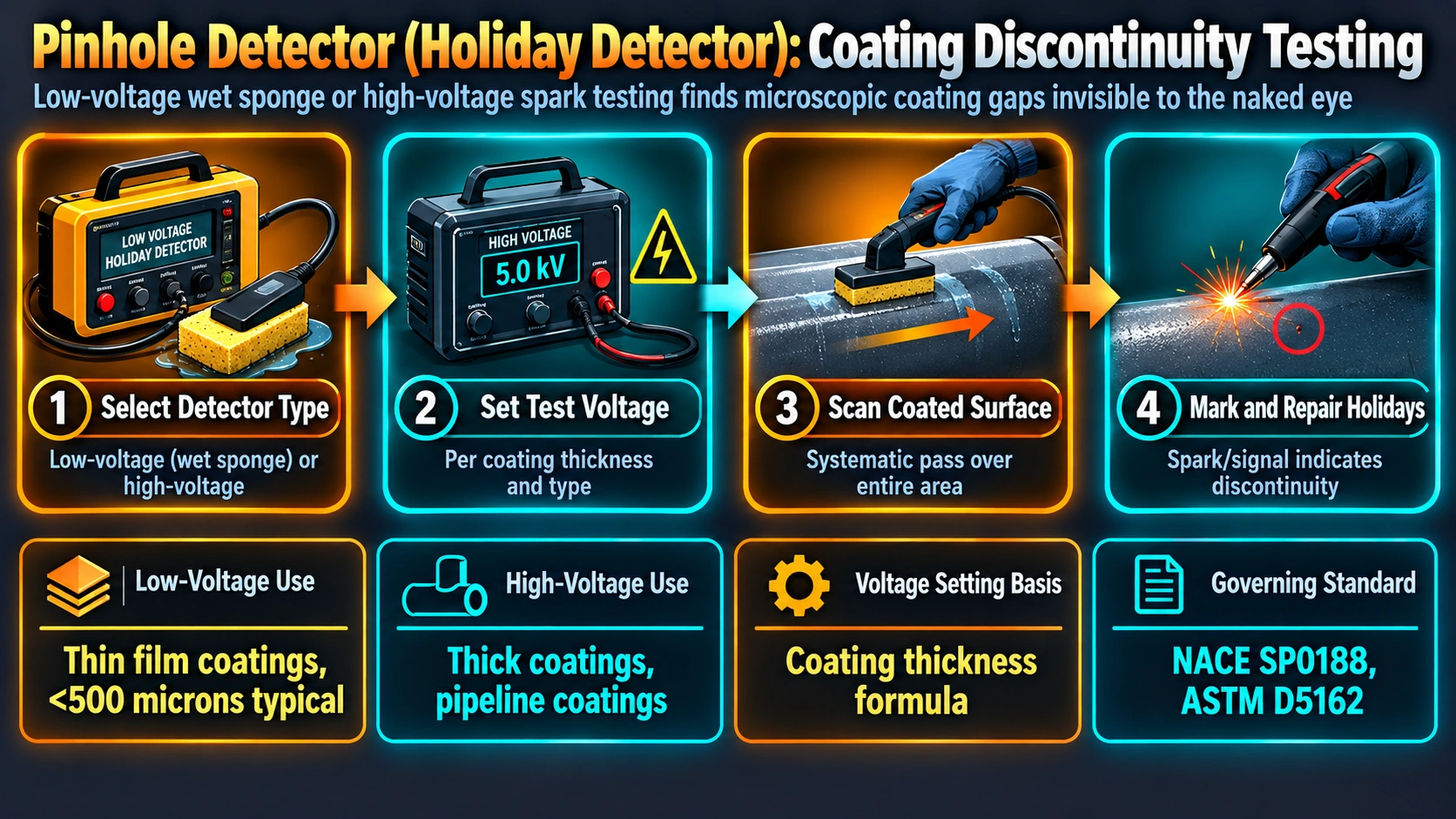 Pinhole detector holiday detector coating discontinuity testing process