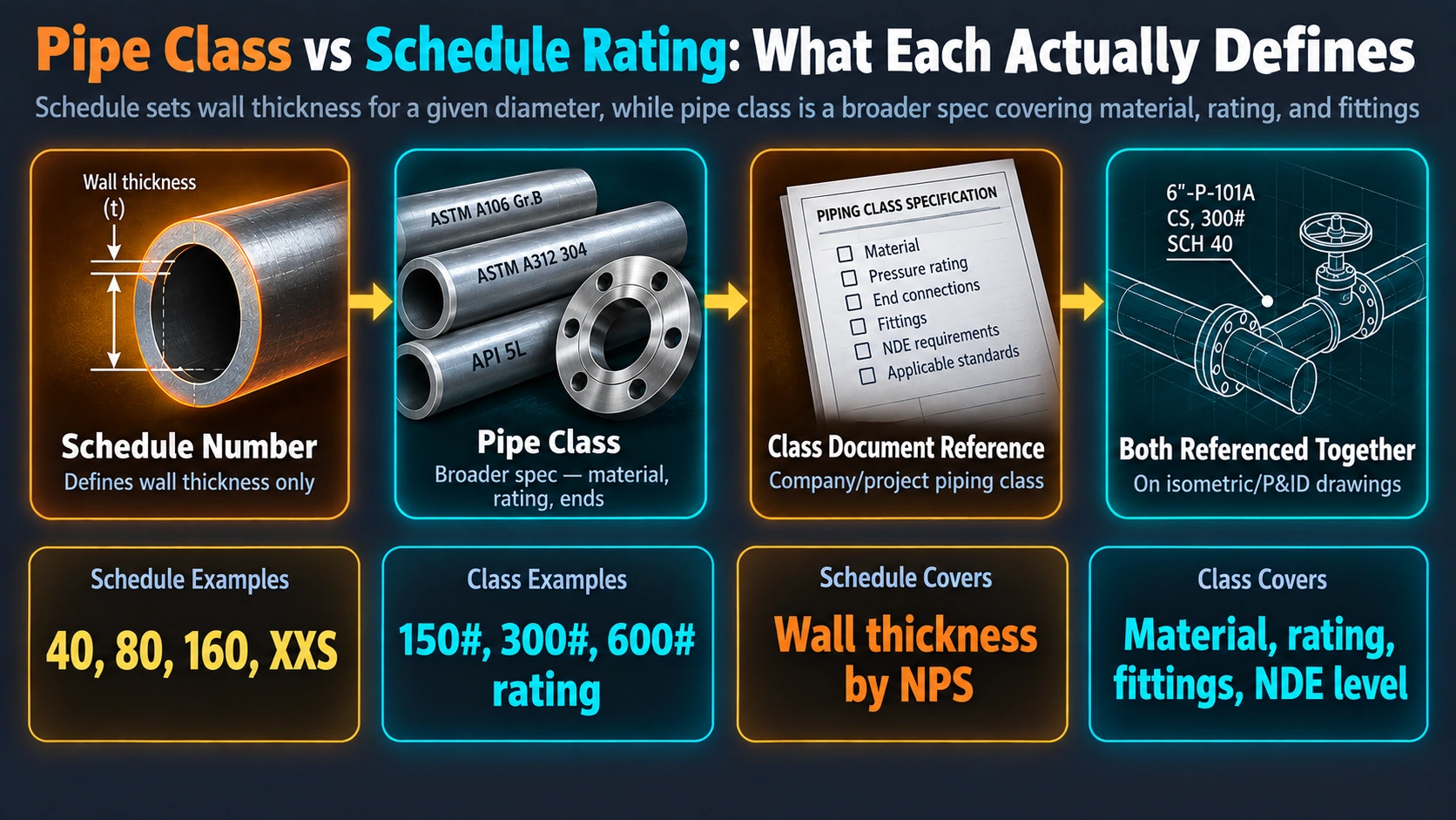 Pipe class versus schedule rating definitions and specification process