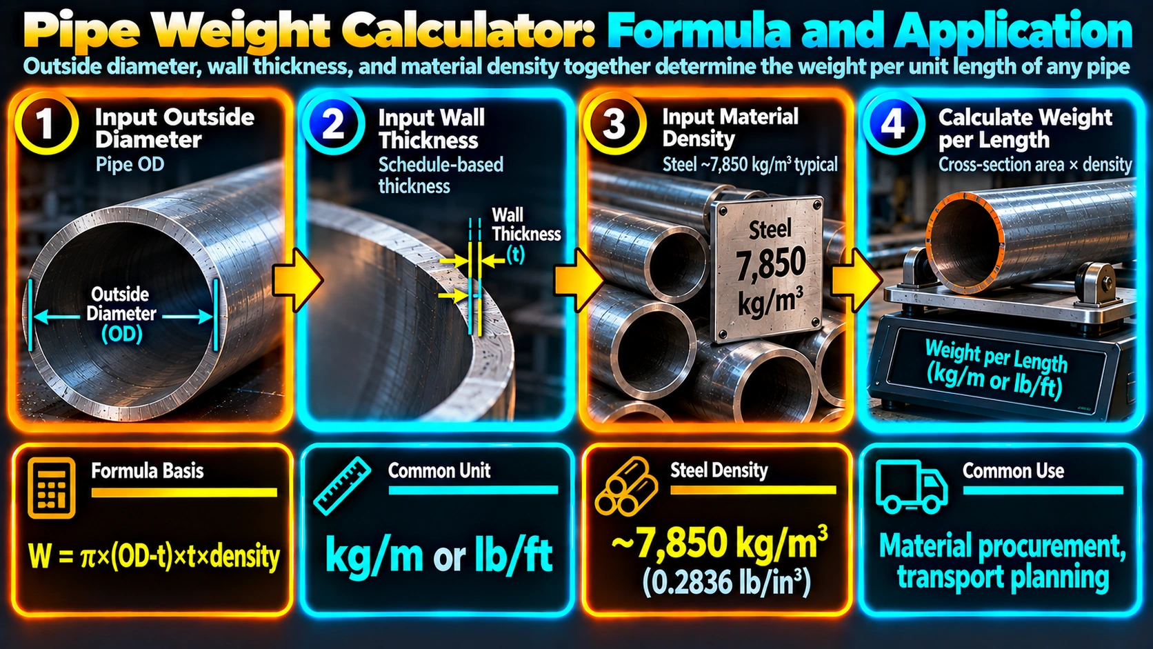 Pipe weight calculator process from diameter thickness and density