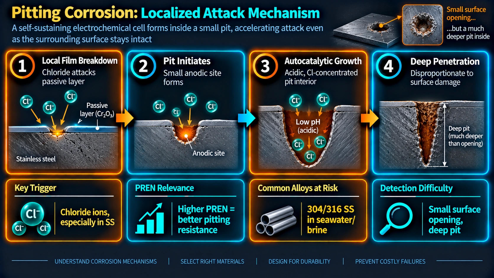 Pitting corrosion localized attack mechanism and autocatalytic growth