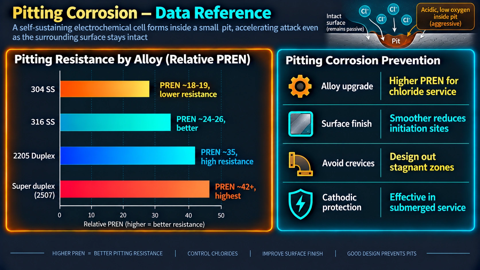 Pitting corrosion resistance by stainless steel alloy PREN value