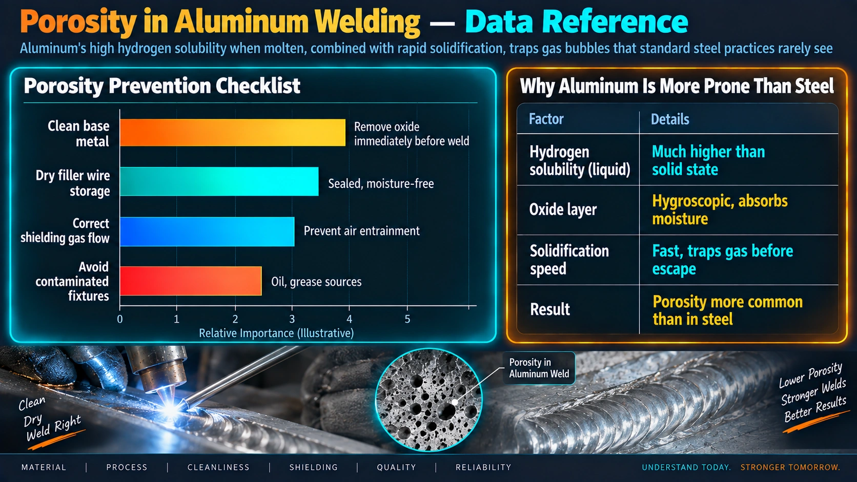Aluminum welding porosity prevention checklist and comparison to steel