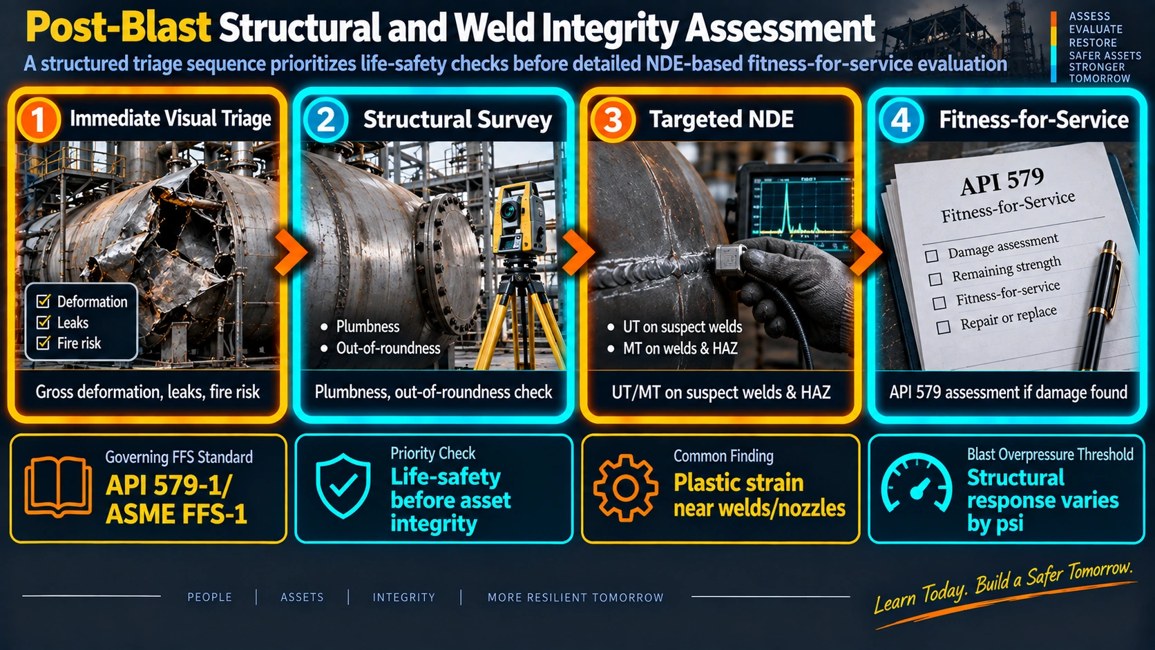 Post-blast structural and weld integrity assessment sequence from triage to fitness-for-service