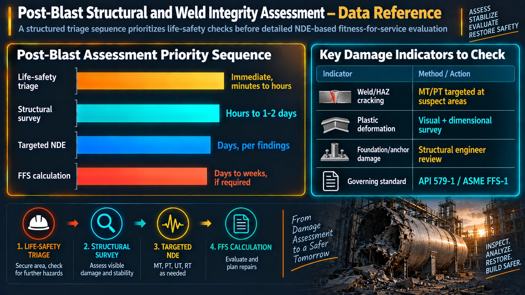 Post-blast assessment priority timeline and key weld and structural damage indicators
