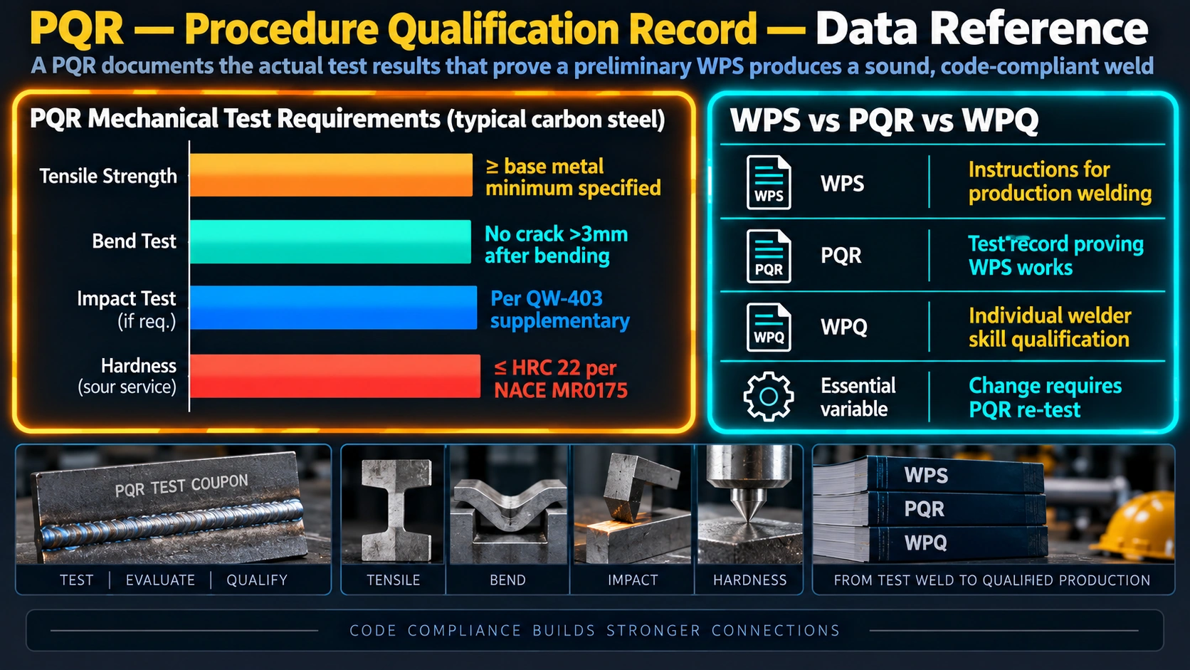 Procedure qualification record development: preliminary WPS, test coupon, mechanical testing, qualified WPS