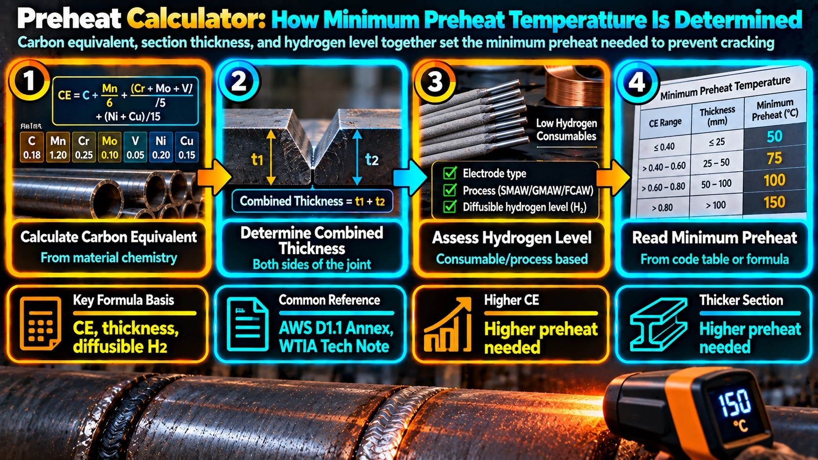 Preheat calculator process for determining minimum preheat temperature