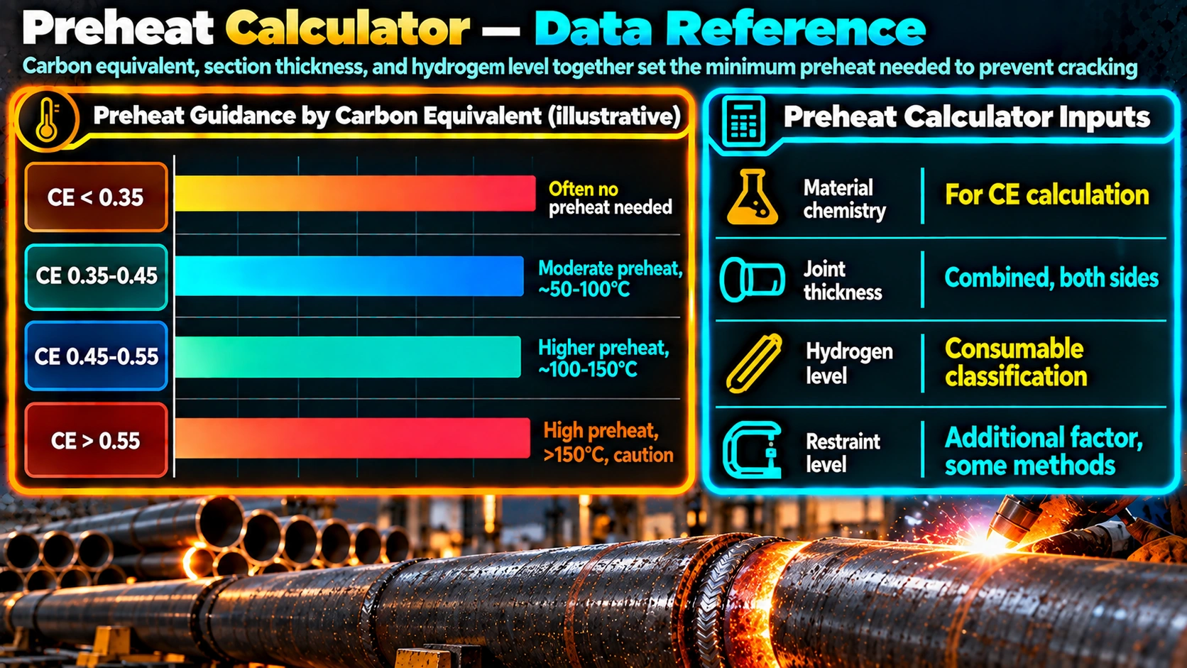 Preheat guidance by carbon equivalent and calculator inputs