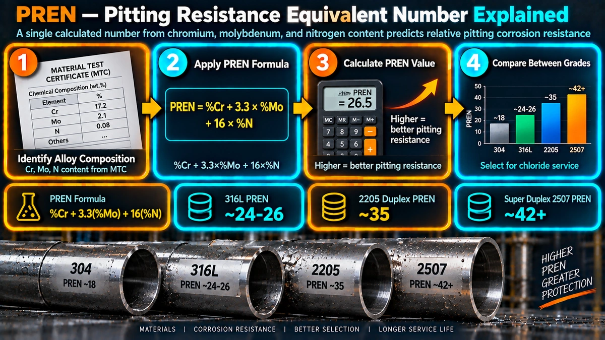 PREN value by stainless steel grade and formula breakdown