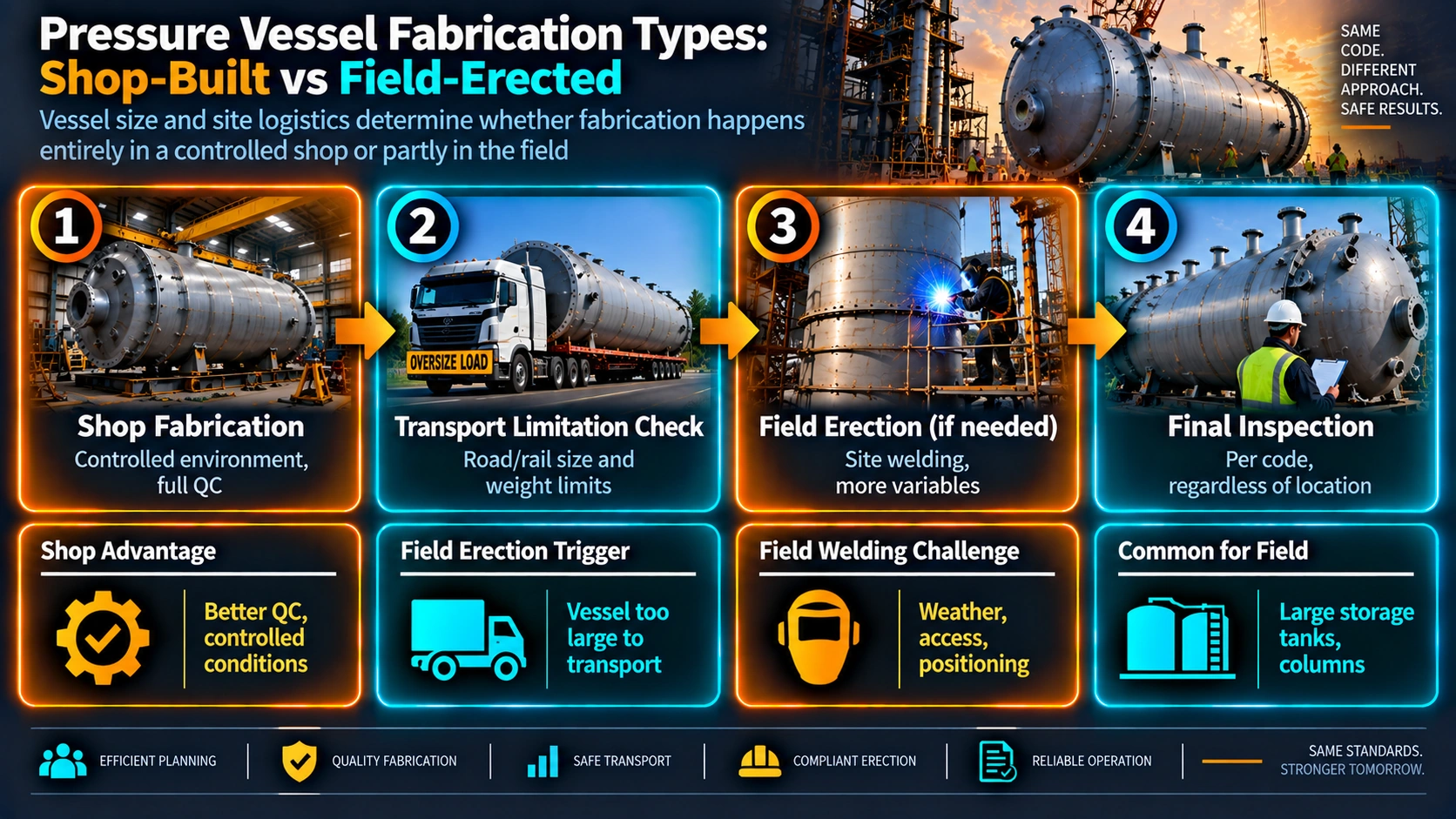 Pressure vessel fabrication process comparing shop-built and field-erected approaches