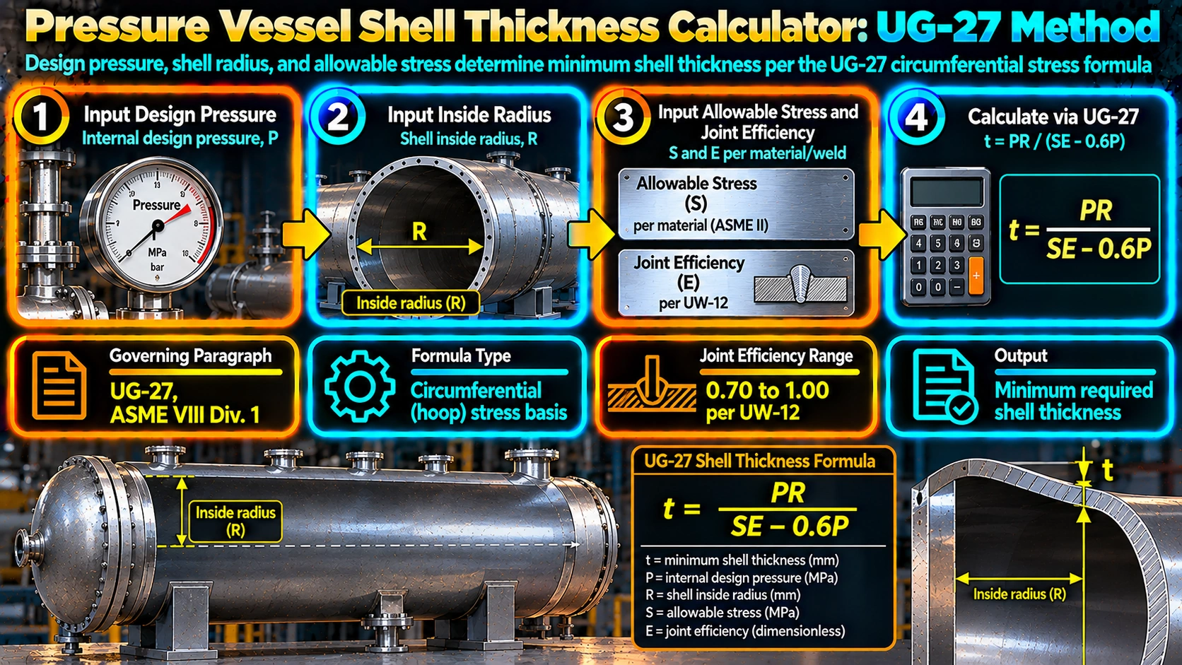 Pressure vessel shell thickness calculation process per UG-27