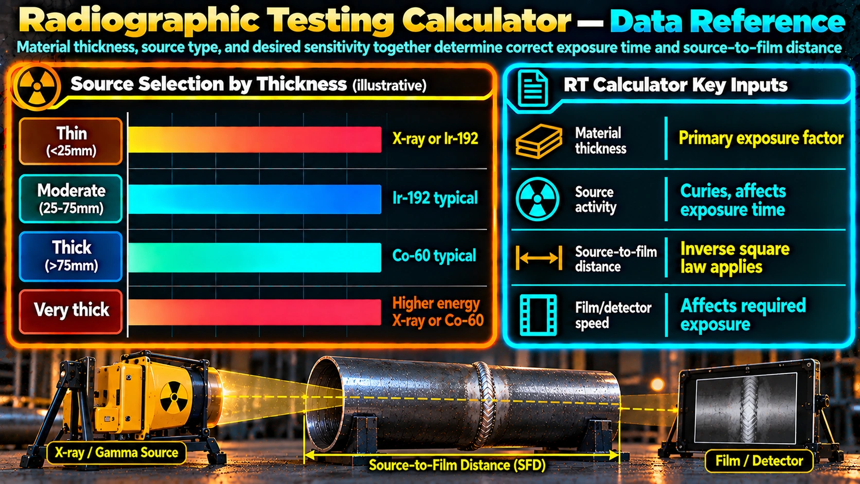 RT source selection by thickness and calculator key inputs