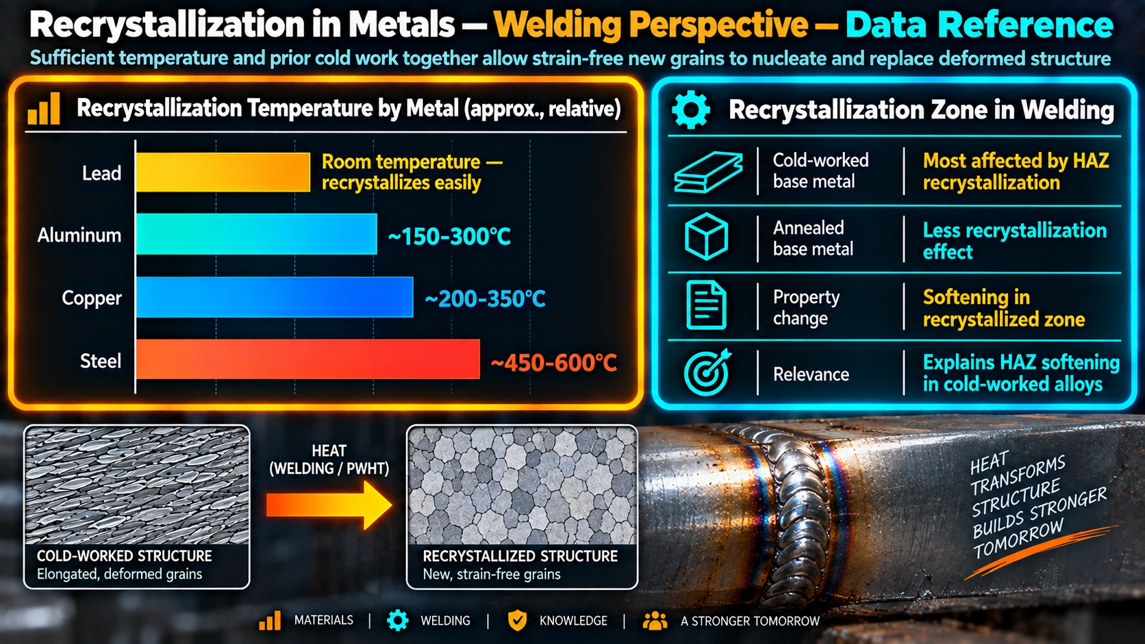 Recrystallization temperature by metal and recrystallization zone in welding