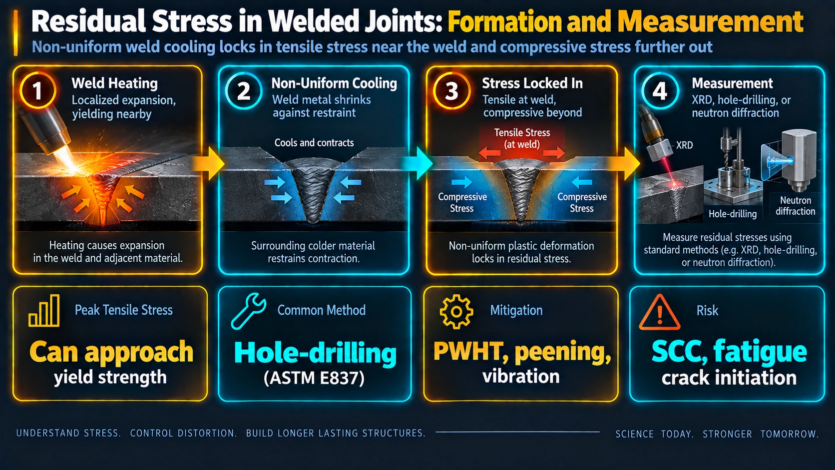 Residual stress formation in welded joints from non-uniform cooling and measurement methods