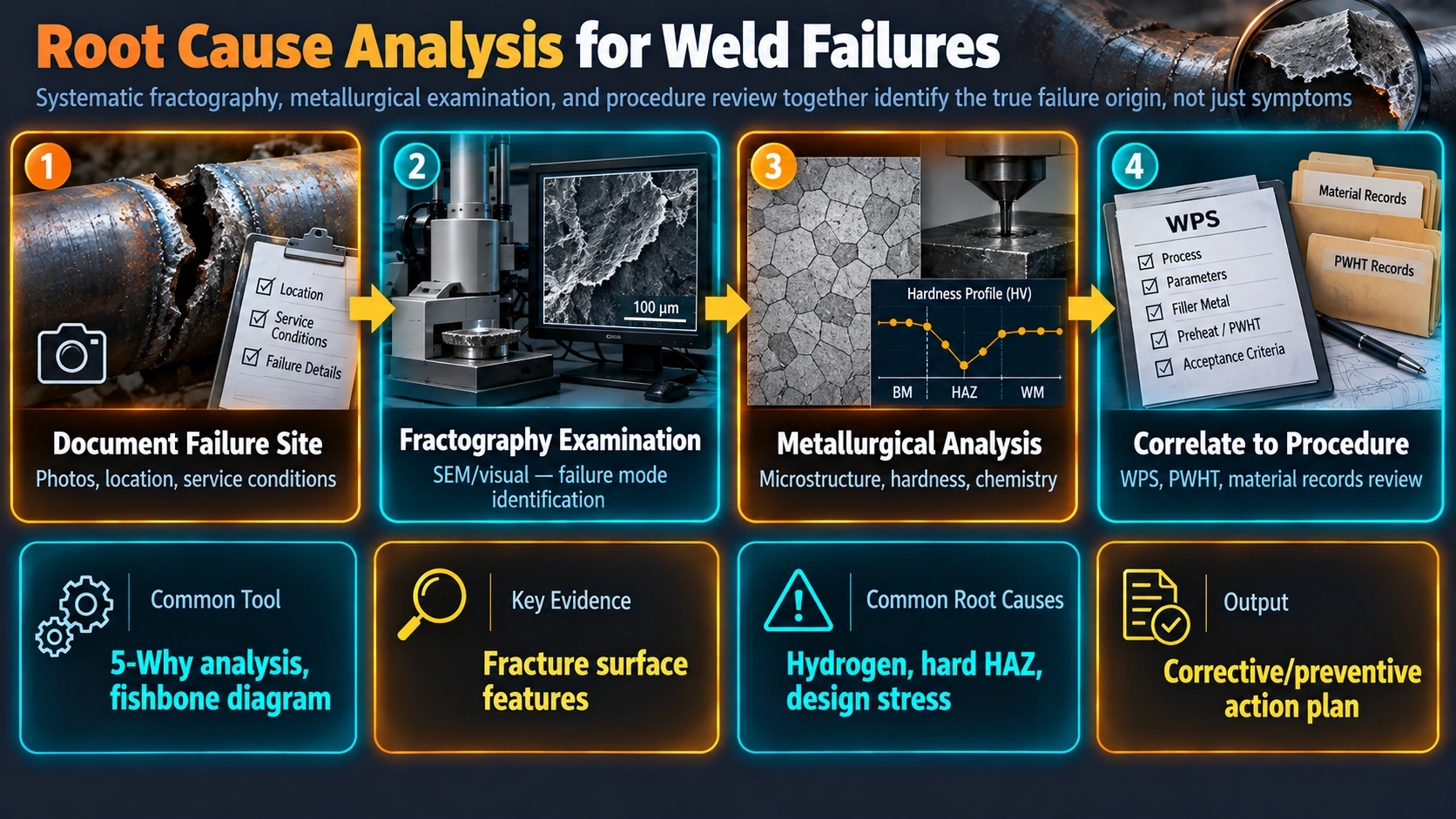 Root cause analysis process for weld failures from documentation to corrective action
