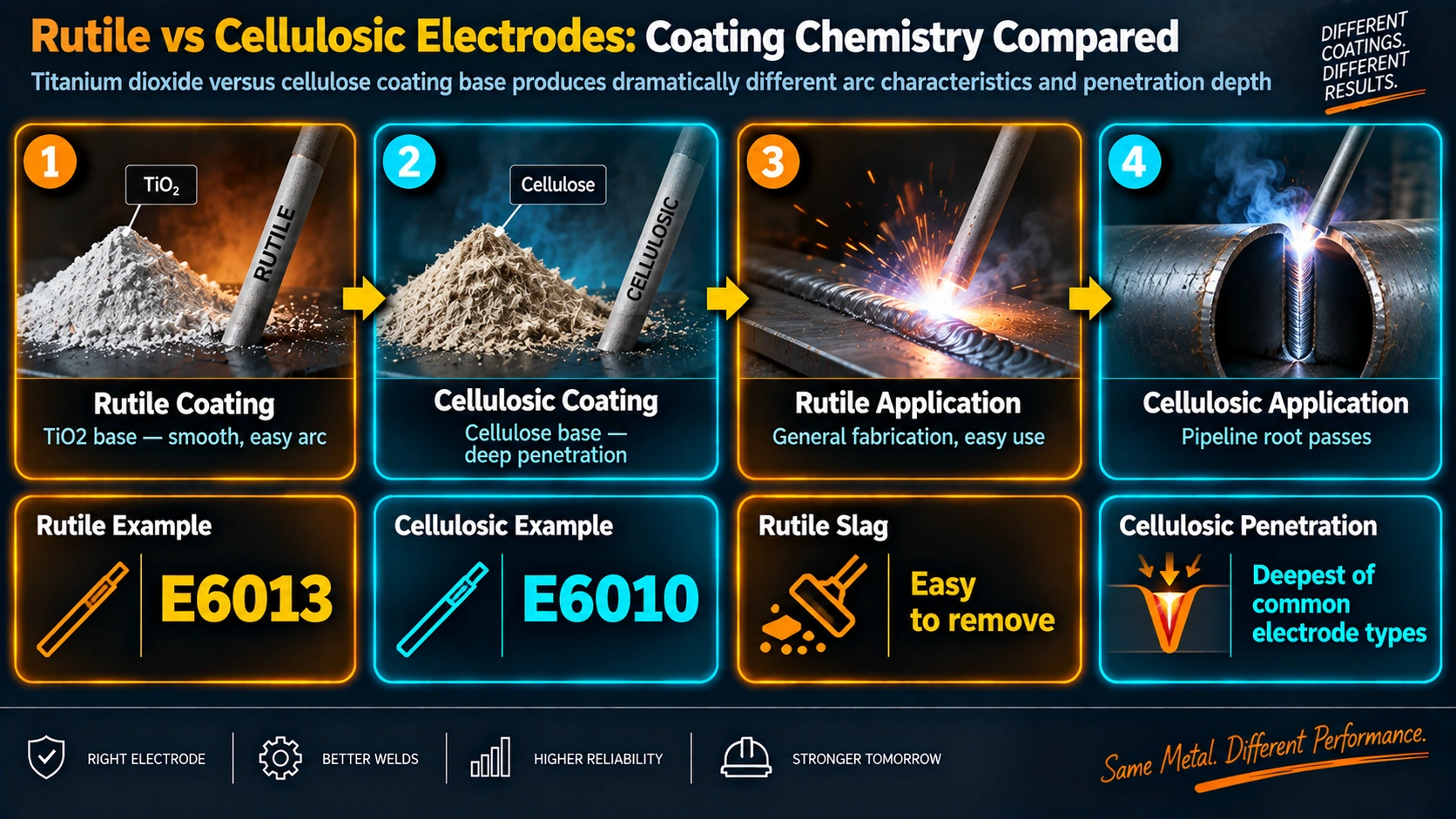 Rutile versus cellulosic electrode coating chemistry and application