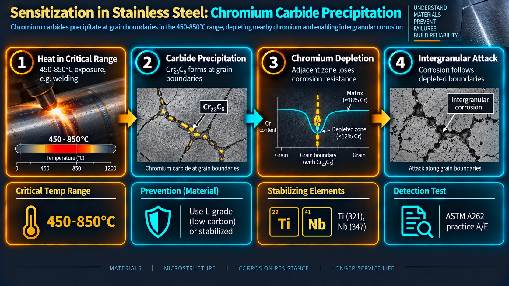 Sensitization mechanism in stainless steel showing chromium carbide precipitation