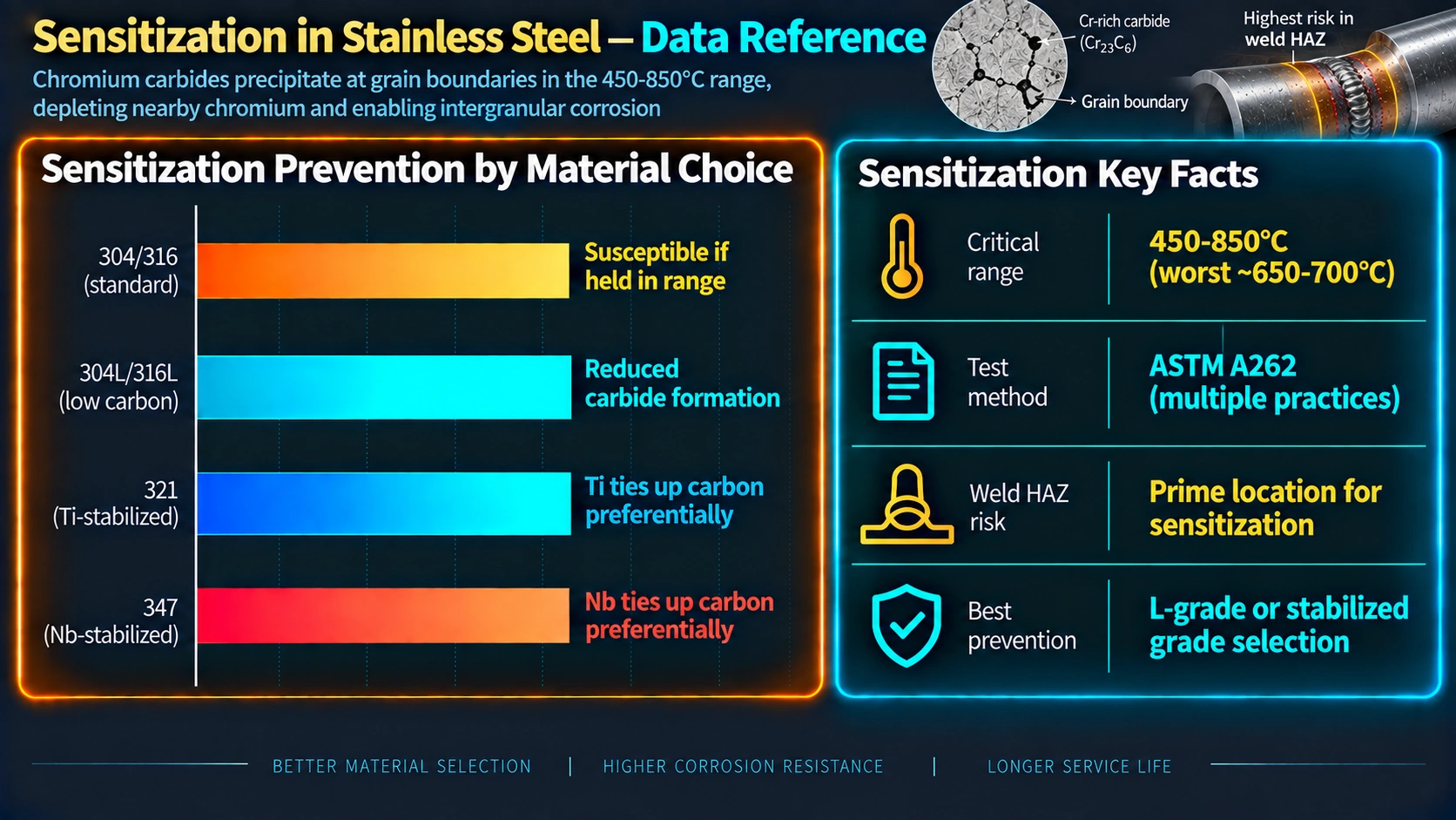 Sensitization prevention by stainless steel grade selection
