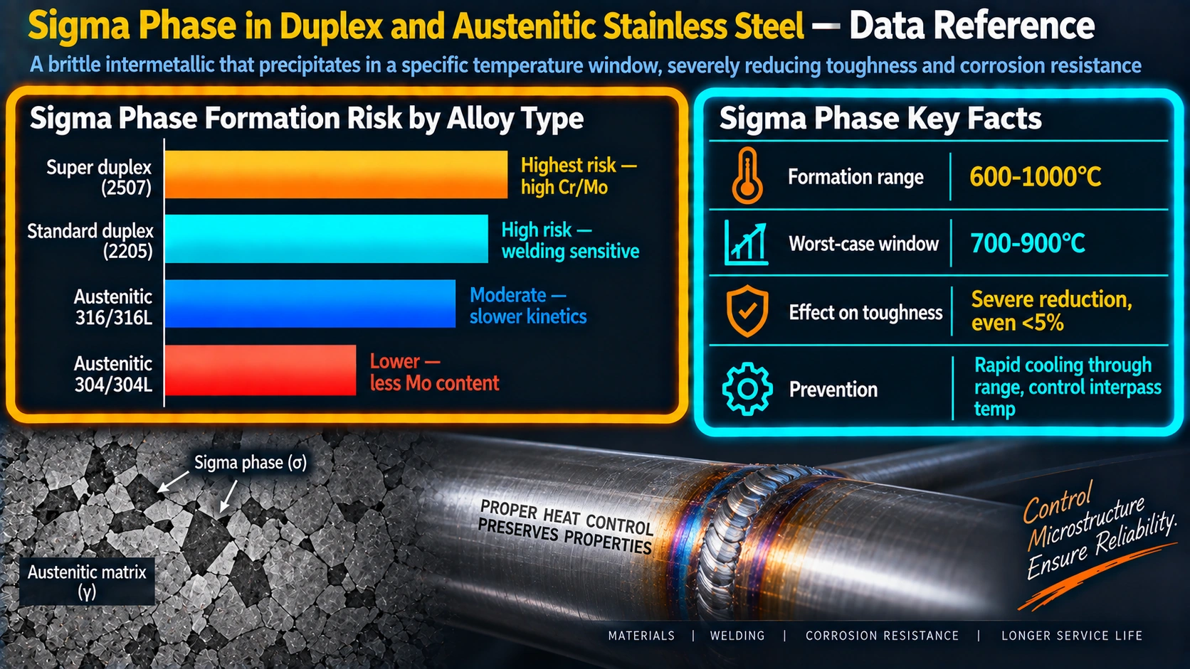 Sigma phase formation risk by stainless steel alloy type and prevention methods