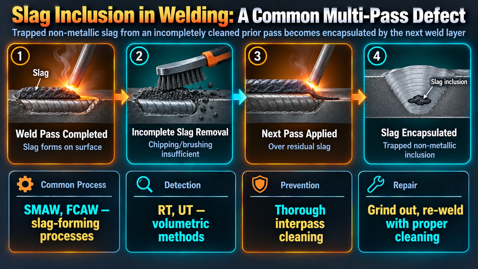Slag inclusion formation process in multi-pass welding
