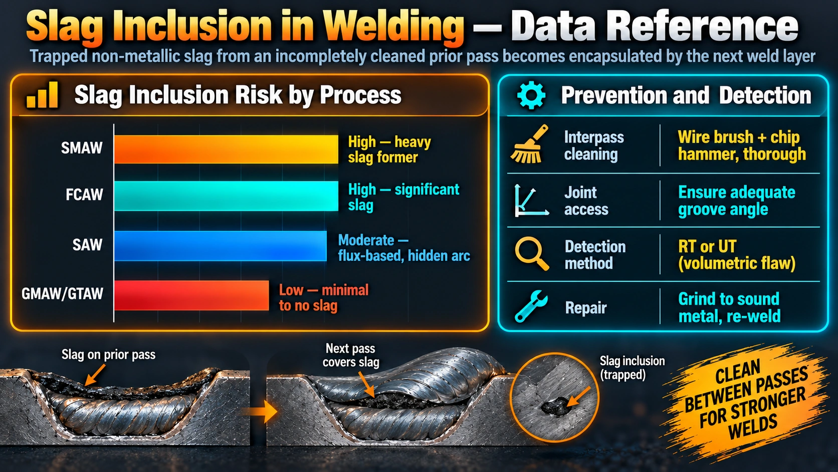 Slag inclusion risk by welding process and prevention and detection