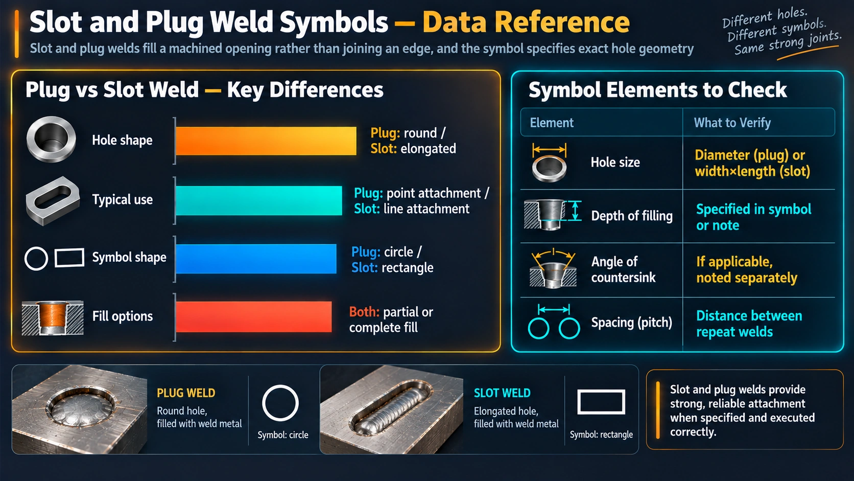Plug weld versus slot weld comparison and key symbol elements to check