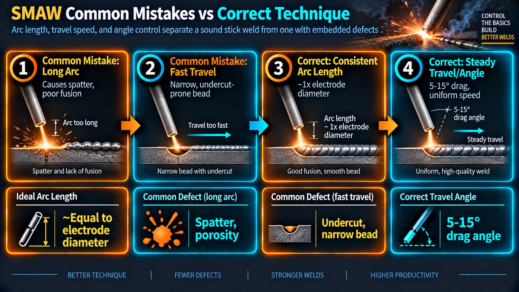 SMAW common mistakes compared to correct stick welding technique