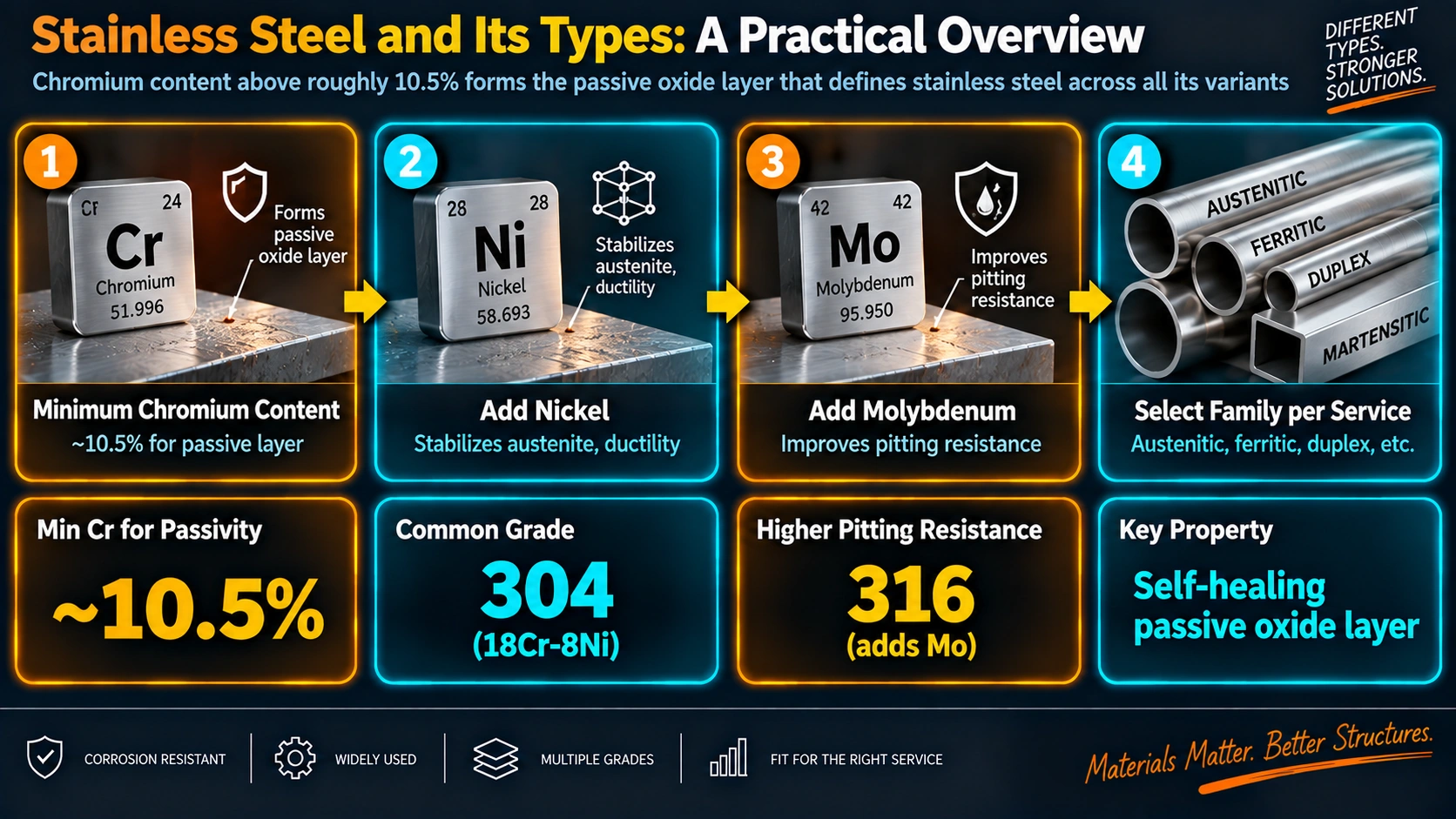 Five stainless steel family classification: austenitic, ferritic, martensitic, duplex, PH