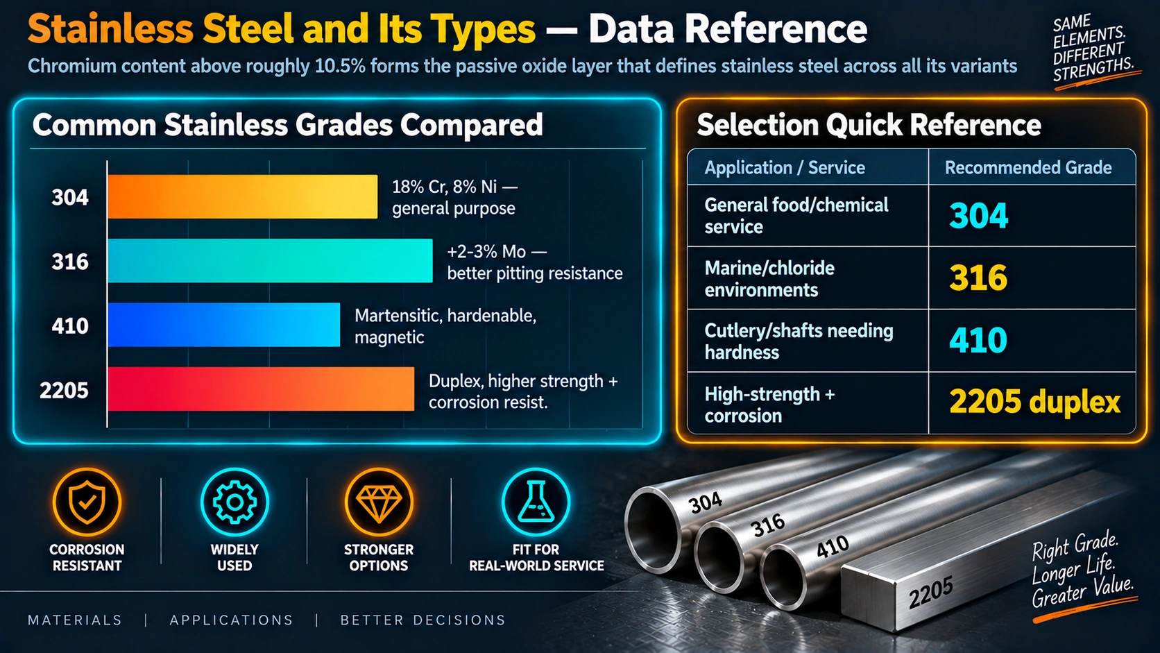 Stainless steel family comparison and selection by application