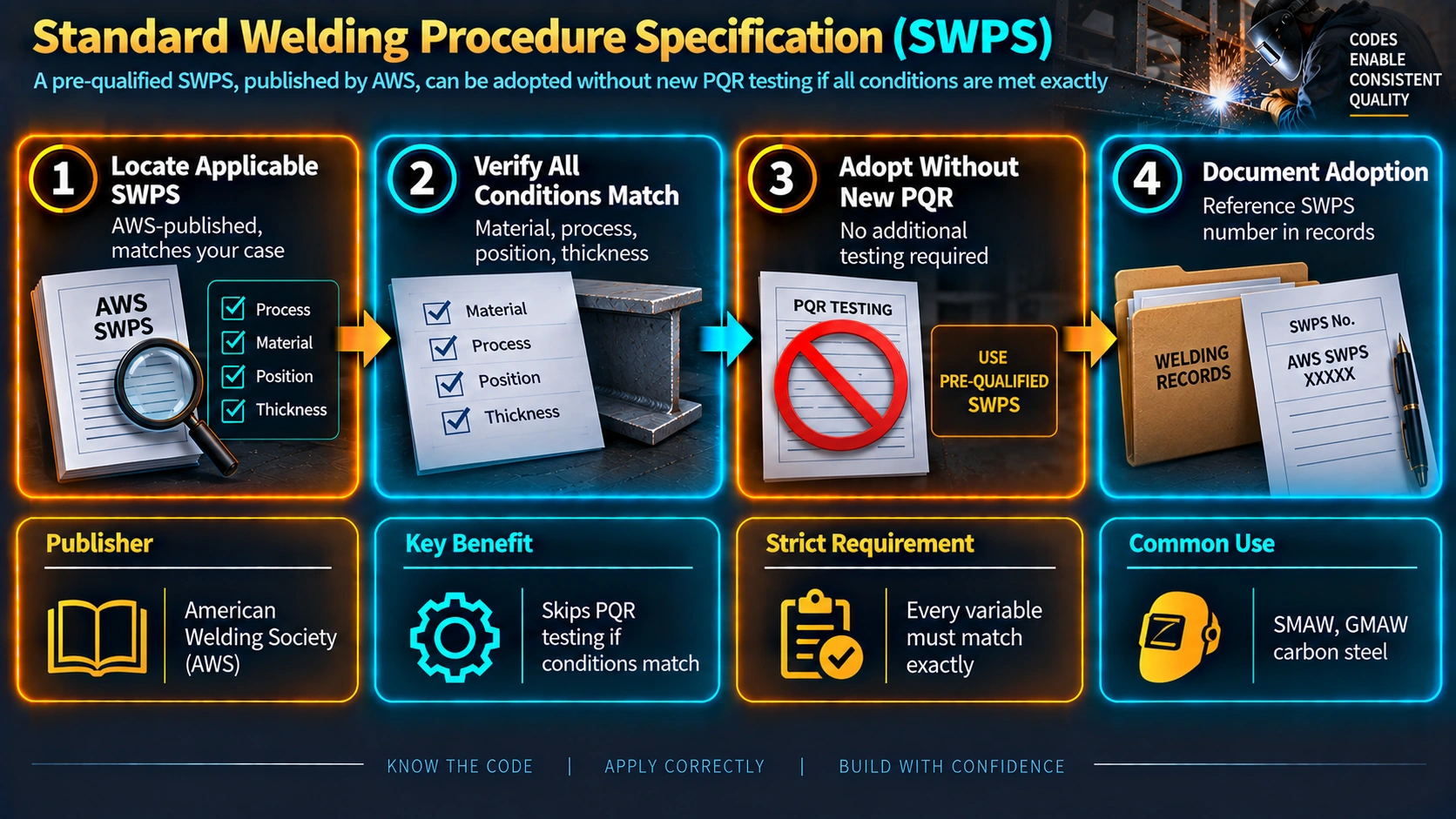 Standard welding procedure specification adoption process without new PQR testing