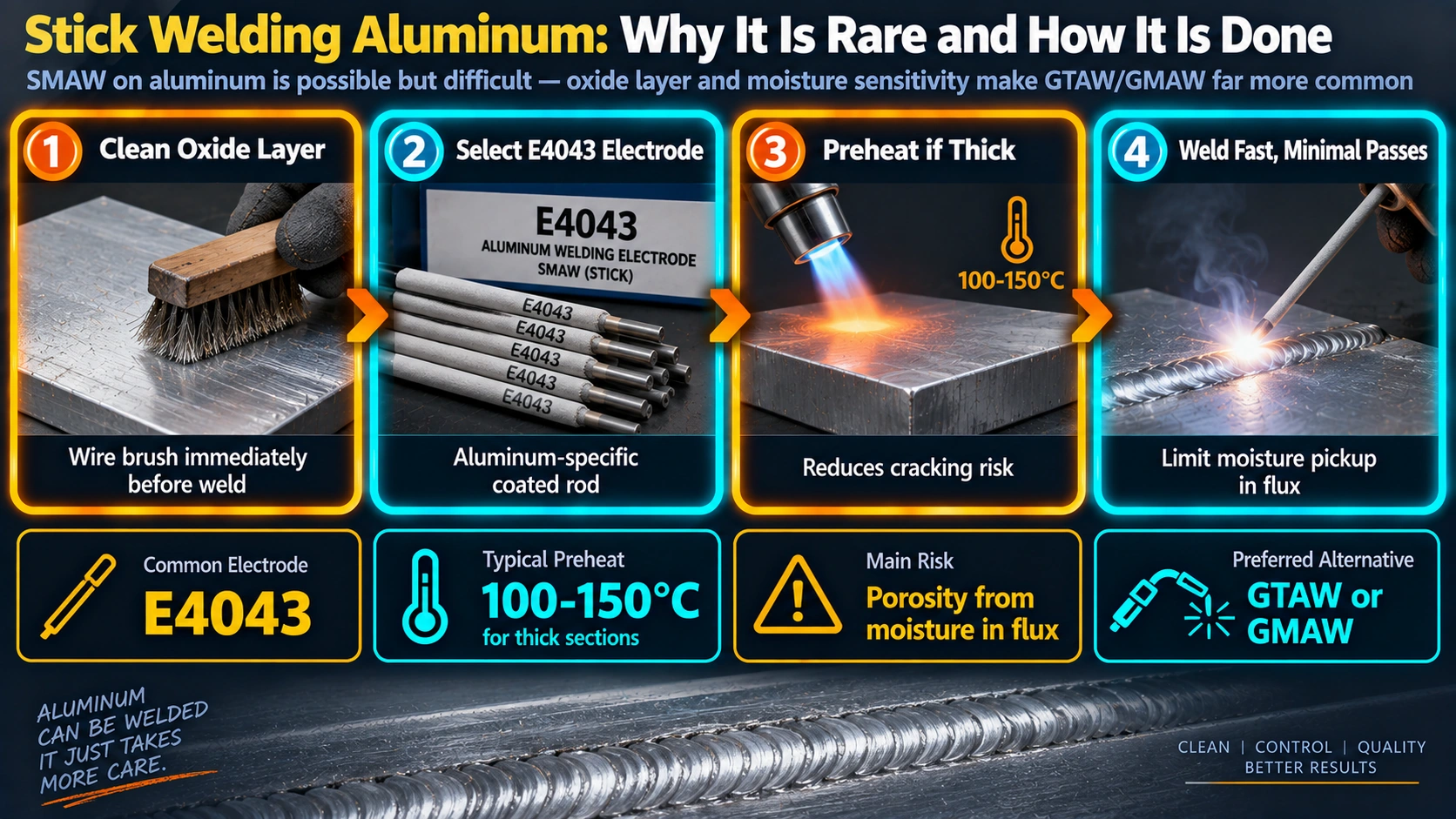 Stick welding aluminum process steps including oxide removal and electrode selection