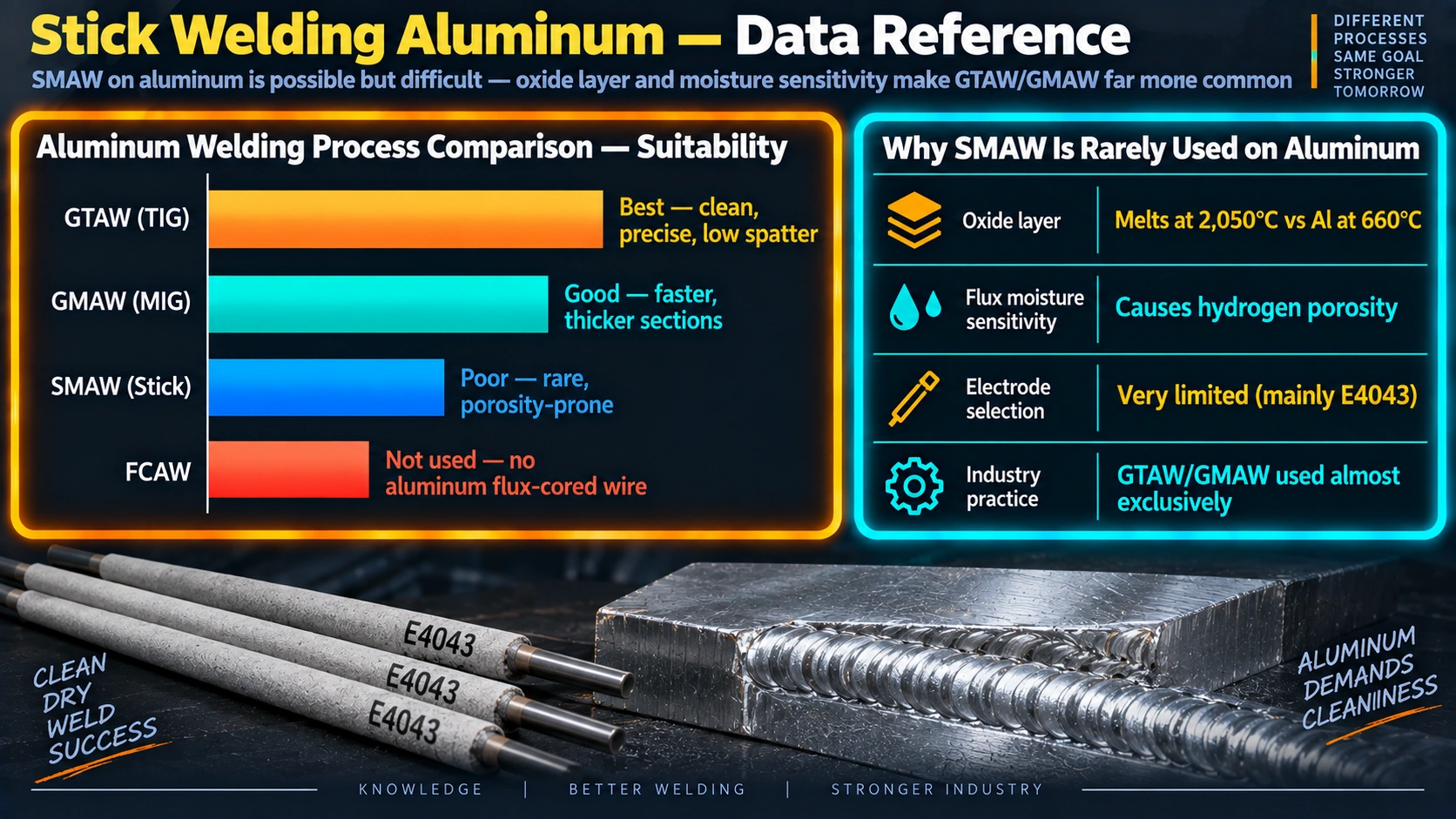 Aluminum welding process suitability comparison: GTAW, GMAW, SMAW, and FCAW
