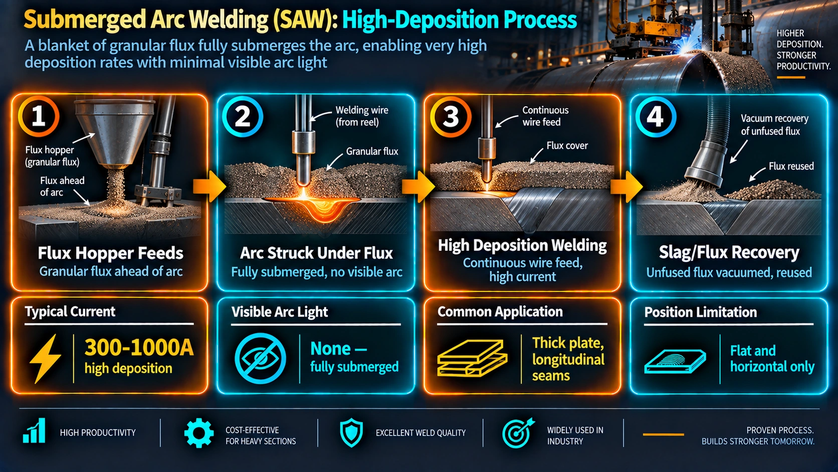 Submerged arc welding process showing flux blanket and high deposition welding