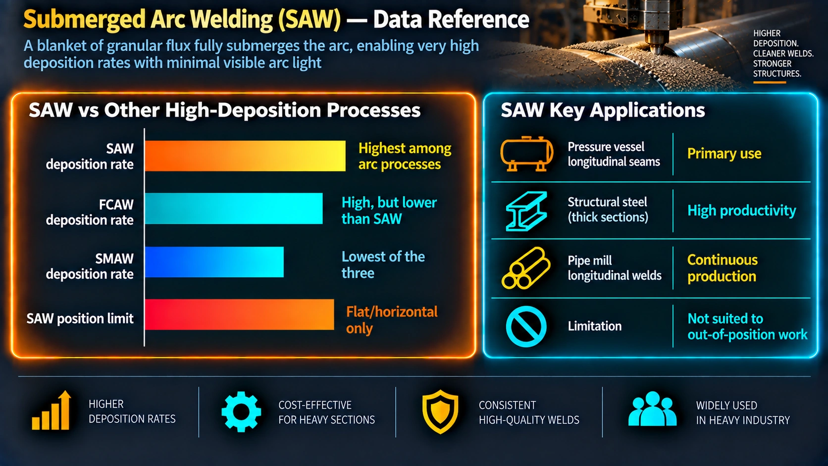Submerged arc welding compared to other high deposition processes and key applications