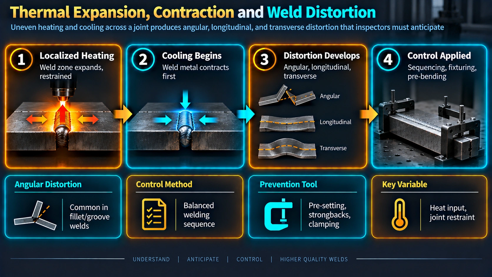 Thermal expansion and contraction process leading to weld distortion